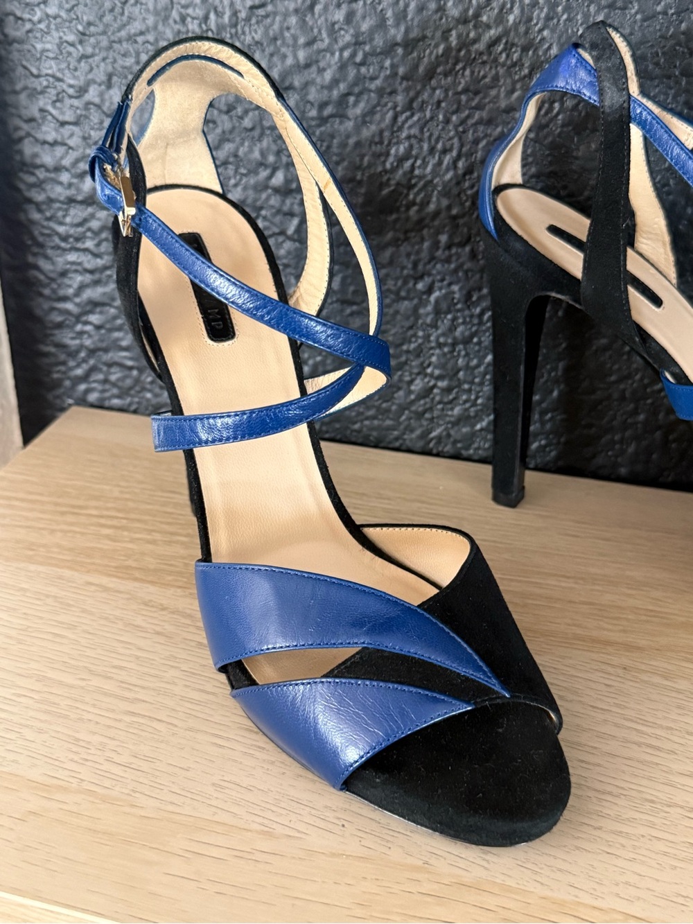 Longchamp suede leather straps heels sandals blue black-40 - Picture 2 of 8